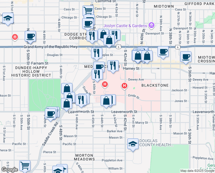 map of restaurants, bars, coffee shops, grocery stores, and more near 4400 Emile Street in Omaha