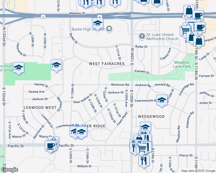 map of restaurants, bars, coffee shops, grocery stores, and more near 12123 Westover Road in Omaha