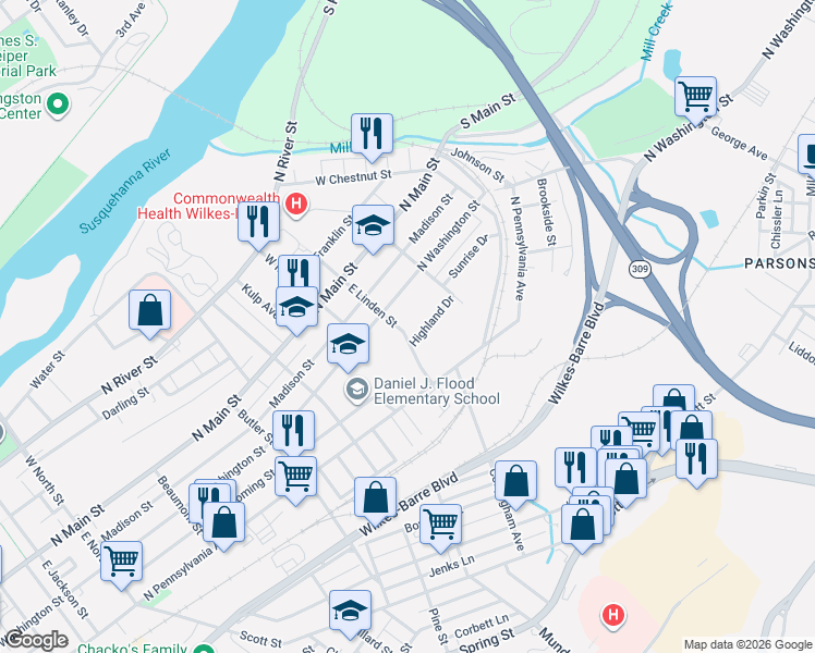 map of restaurants, bars, coffee shops, grocery stores, and more near 101-199 E Linden St in Wilkes-Barre