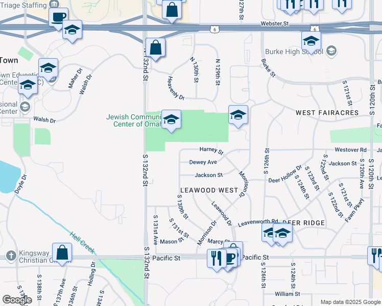 map of restaurants, bars, coffee shops, grocery stores, and more near 12935 Dewey Avenue in Omaha