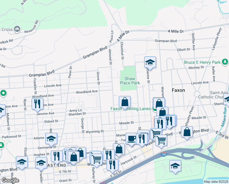 map of restaurants, bars, coffee shops, grocery stores, and more near 1310 Almond Street in Williamsport