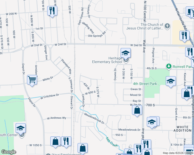 map of restaurants, bars, coffee shops, grocery stores, and more near 374 West Oaks Drive in Ogden