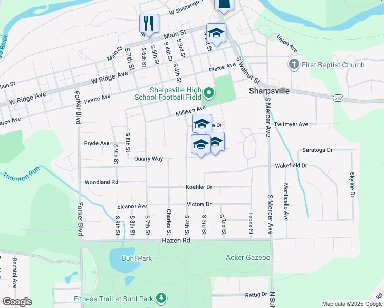 map of restaurants, bars, coffee shops, grocery stores, and more near 301-399 Blue Devil Way in Sharpsville