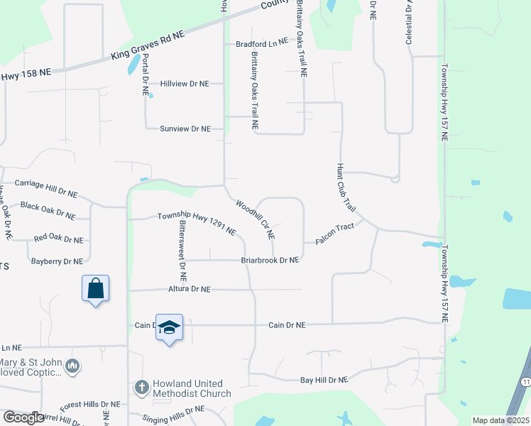 map of restaurants, bars, coffee shops, grocery stores, and more near 9242 Briarbrook Drive Northeast in Warren