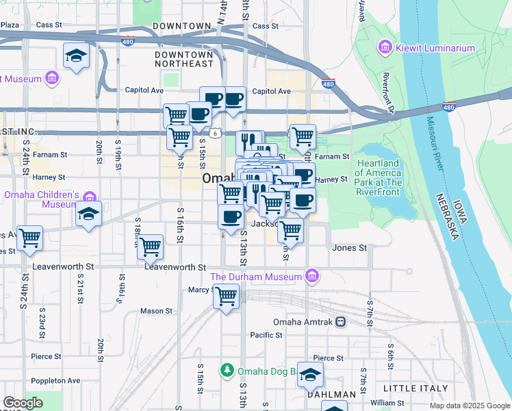 map of restaurants, bars, coffee shops, grocery stores, and more near 1209 Harney Street in Omaha