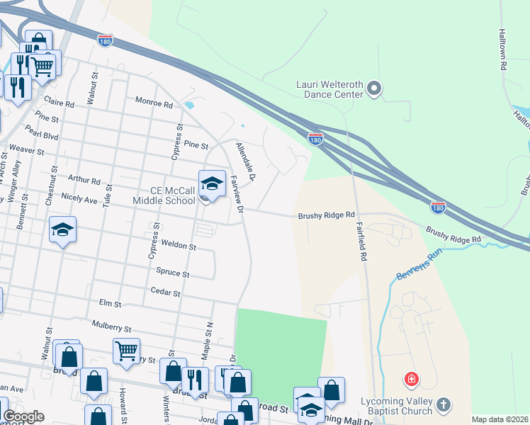 map of restaurants, bars, coffee shops, grocery stores, and more near 131 Allendale Drive in Montoursville