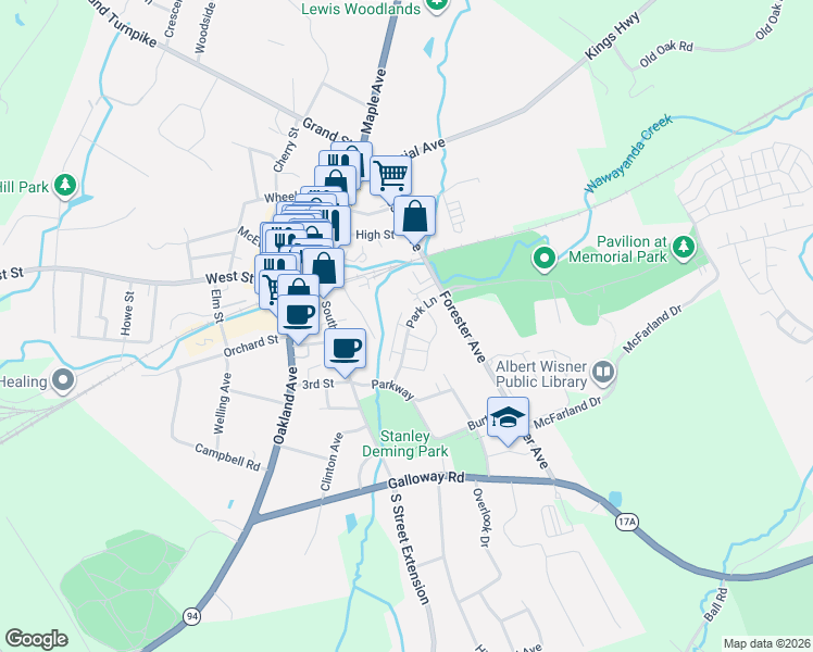 map of restaurants, bars, coffee shops, grocery stores, and more near 400 Park Lane in Warwick