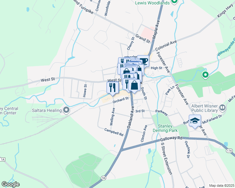 map of restaurants, bars, coffee shops, grocery stores, and more near 13 Elm Street in Warwick