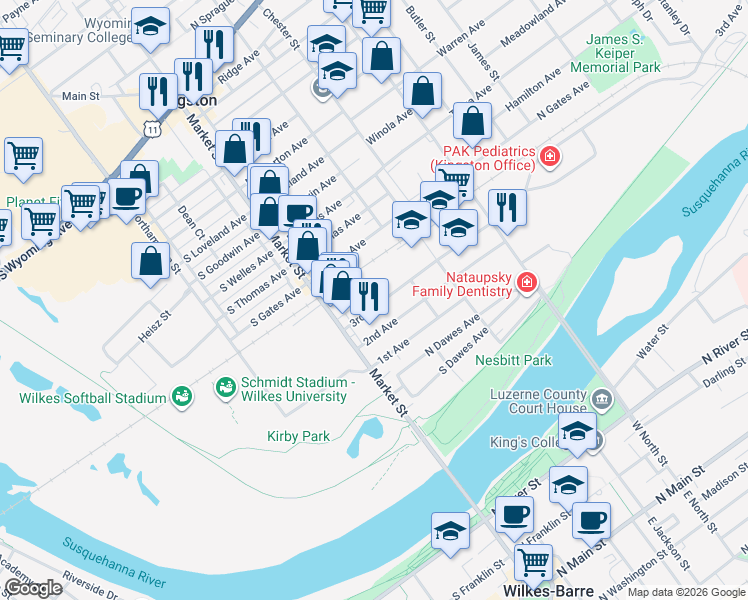 map of restaurants, bars, coffee shops, grocery stores, and more near 75 N Gates Ave in Kingston