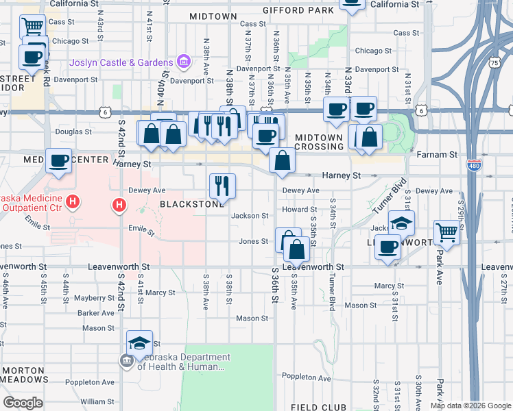map of restaurants, bars, coffee shops, grocery stores, and more near 3625 Dewey Avenue in Omaha