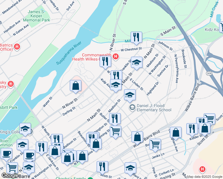 map of restaurants, bars, coffee shops, grocery stores, and more near 16 West Maple Street in Wilkes-Barre