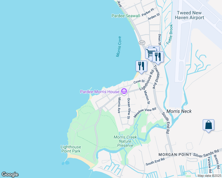 map of restaurants, bars, coffee shops, grocery stores, and more near 176 Morris Avenue in East Haven