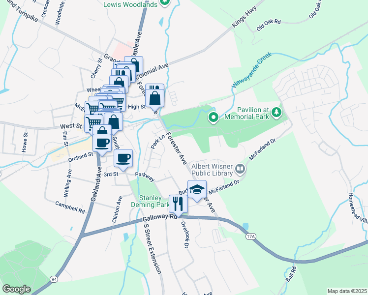 map of restaurants, bars, coffee shops, grocery stores, and more near Memorial Park Drive in Warwick