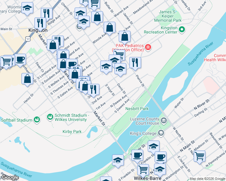 map of restaurants, bars, coffee shops, grocery stores, and more near 106 3rd Avenue in Kingston