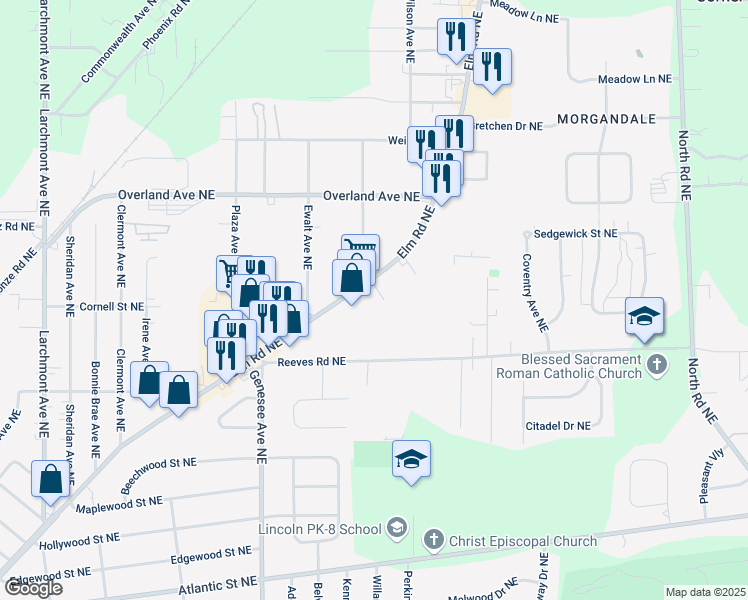 map of restaurants, bars, coffee shops, grocery stores, and more near 2460 Elm Road Northeast in Warren