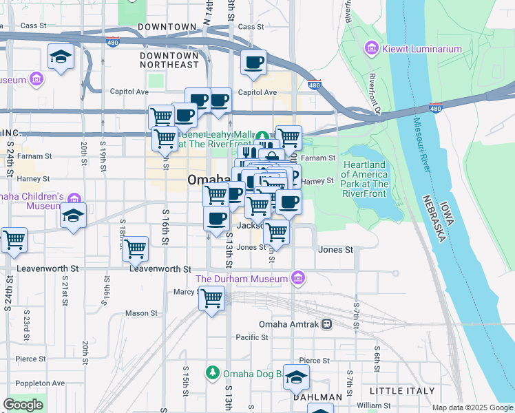 map of restaurants, bars, coffee shops, grocery stores, and more near 1102 Harney Street in Omaha