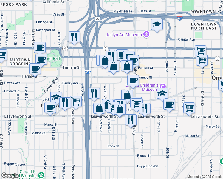 map of restaurants, bars, coffee shops, grocery stores, and more near 2601 Harney Street in Omaha