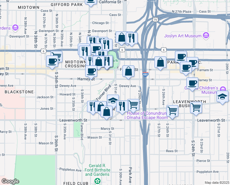 map of restaurants, bars, coffee shops, grocery stores, and more near 3105 Dewey Avenue in Omaha