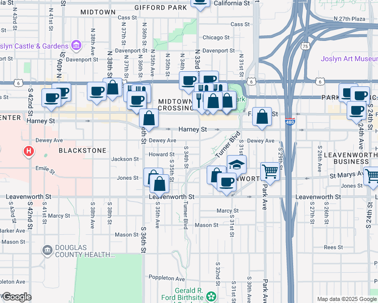map of restaurants, bars, coffee shops, grocery stores, and more near 3320 Dewey Avenue in Omaha
