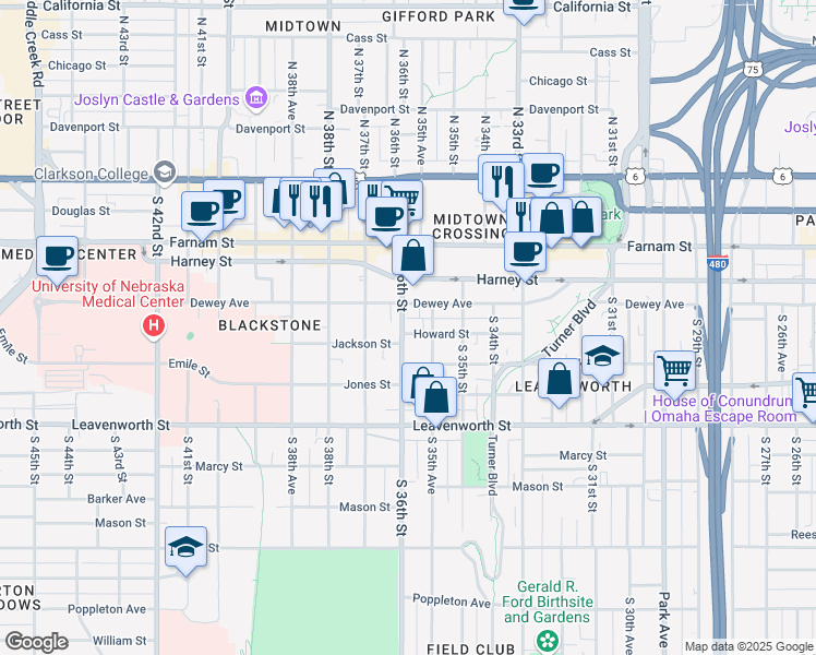 map of restaurants, bars, coffee shops, grocery stores, and more near 3532 Dewey Avenue in Omaha