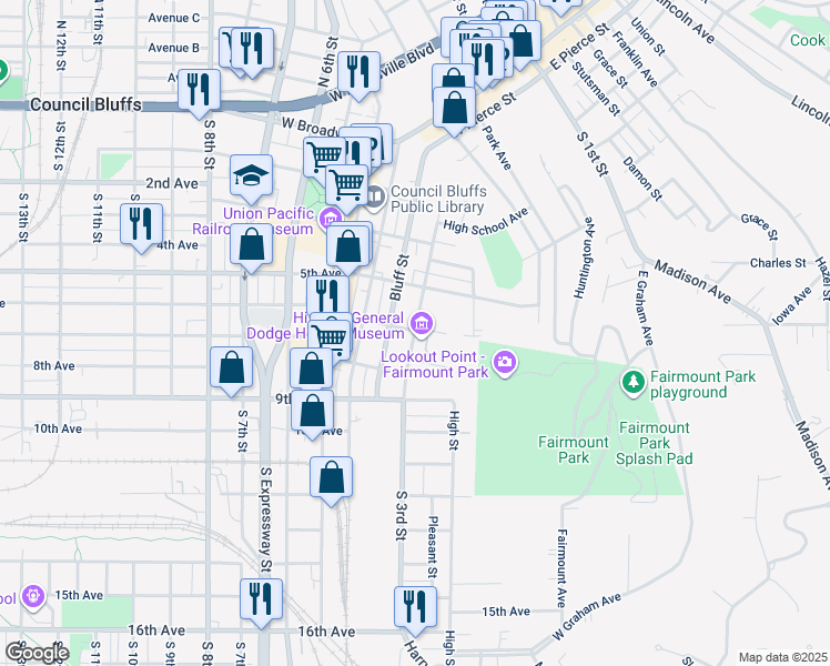 map of restaurants, bars, coffee shops, grocery stores, and more near 605 South 3rd Street in Council Bluffs