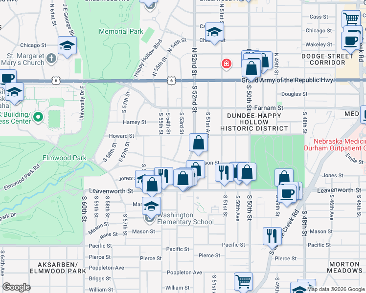 map of restaurants, bars, coffee shops, grocery stores, and more near in Omaha