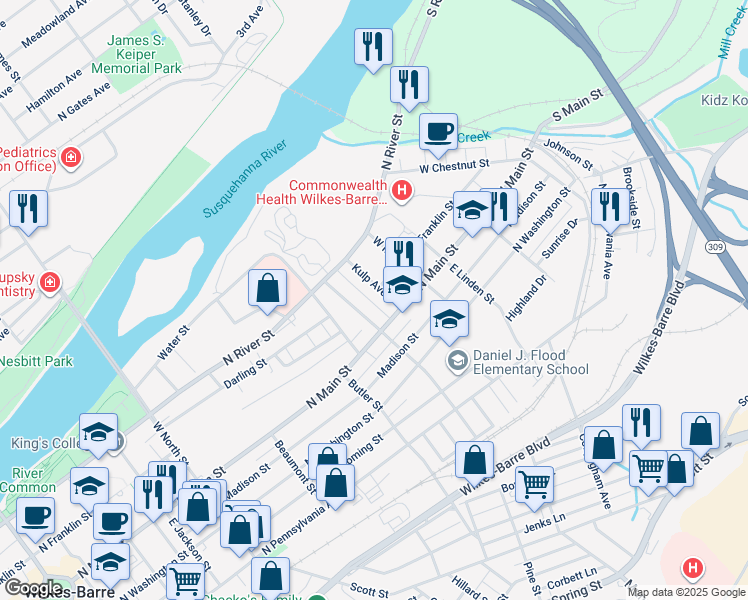 map of restaurants, bars, coffee shops, grocery stores, and more near 27 O'Neill Avenue in Wilkes-Barre