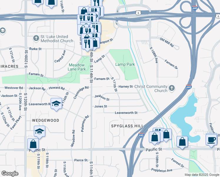map of restaurants, bars, coffee shops, grocery stores, and more near 11111 Farnam Street in Omaha