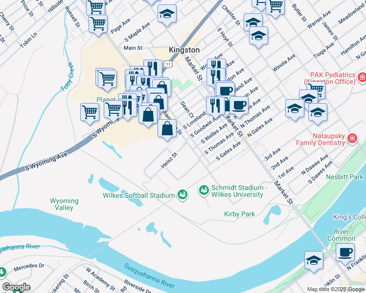 map of restaurants, bars, coffee shops, grocery stores, and more near 18 Heisz Street in Edwardsville