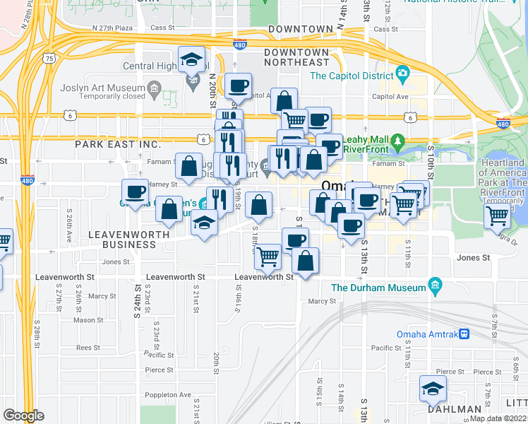 map of restaurants, bars, coffee shops, grocery stores, and more near 1722 St Marys Ave in Omaha