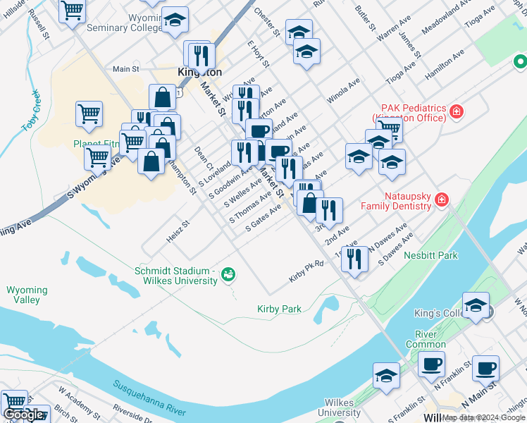 map of restaurants, bars, coffee shops, grocery stores, and more near 41 South Gates Avenue in Kingston