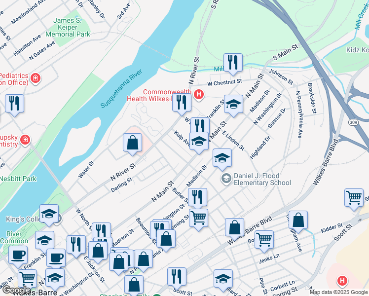map of restaurants, bars, coffee shops, grocery stores, and more near 27 O'Neill Avenue in Wilkes-Barre