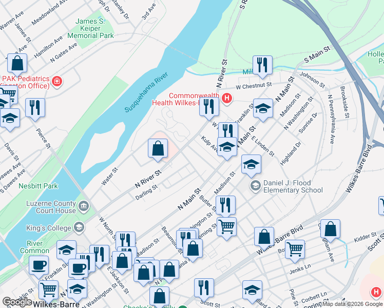 map of restaurants, bars, coffee shops, grocery stores, and more near 473 North River Street in Wilkes-Barre