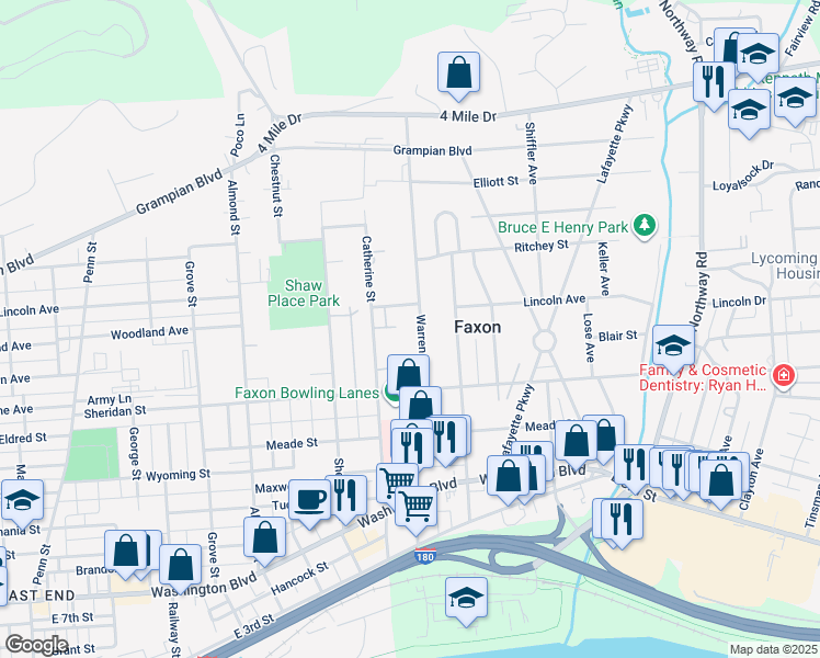 map of restaurants, bars, coffee shops, grocery stores, and more near 1200-1298 Miller Street in Williamsport