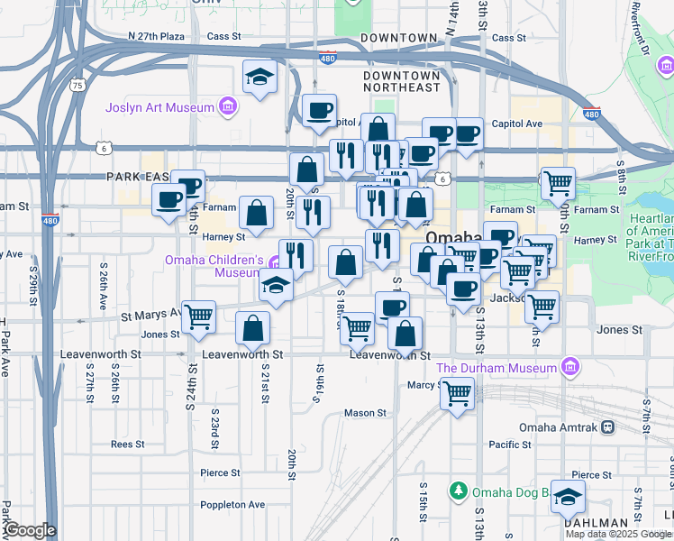 map of restaurants, bars, coffee shops, grocery stores, and more near 500 South 18th Street in Omaha