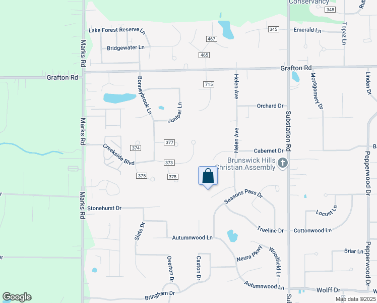 map of restaurants, bars, coffee shops, grocery stores, and more near 5042 Creekside Boulevard in Brunswick
