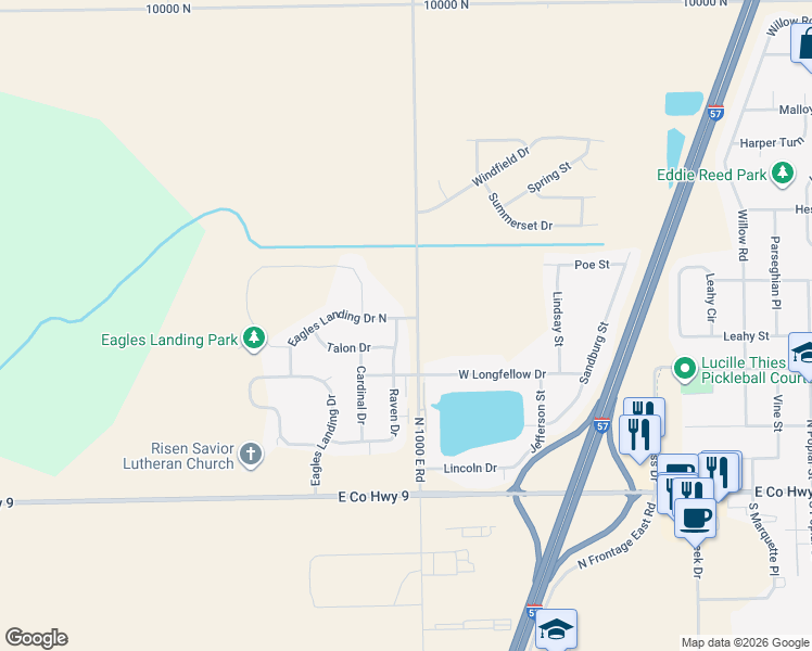 map of restaurants, bars, coffee shops, grocery stores, and more near 1433 Eagles Landing Drive North in Manteno