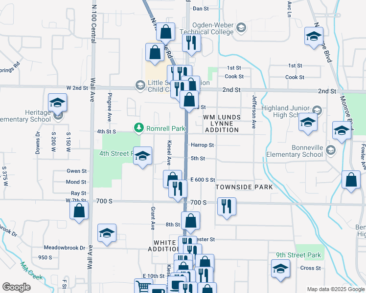 map of restaurants, bars, coffee shops, grocery stores, and more near 363 4th Street South in Ogden