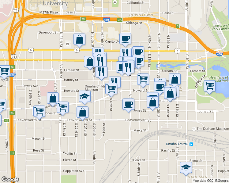 map of restaurants, bars, coffee shops, grocery stores, and more near 1810 Howard Street in Omaha