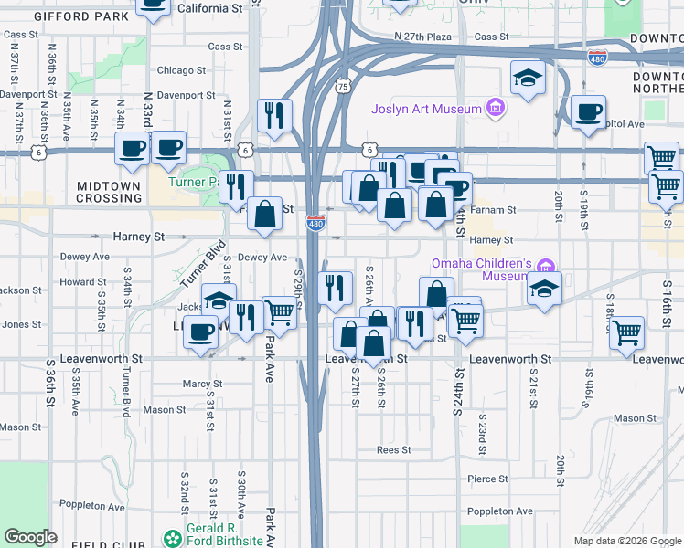 map of restaurants, bars, coffee shops, grocery stores, and more near 502 South 27th Street in Omaha
