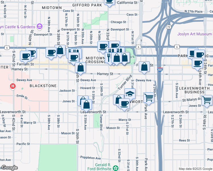 map of restaurants, bars, coffee shops, grocery stores, and more near 3320 Dewey Avenue in Omaha