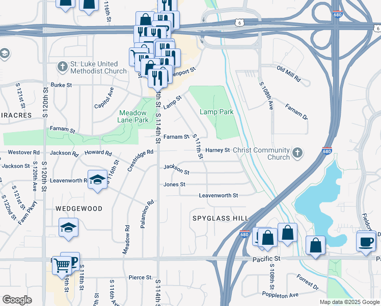map of restaurants, bars, coffee shops, grocery stores, and more near 11111 Farnam Street in Omaha