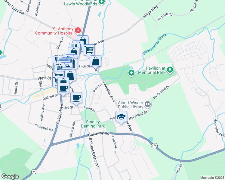 map of restaurants, bars, coffee shops, grocery stores, and more near Memorial Park Drive in Warwick