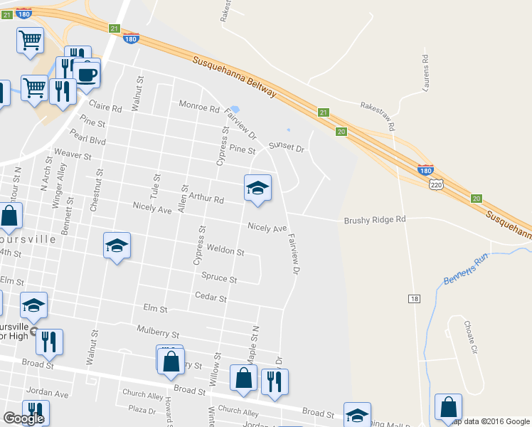 map of restaurants, bars, coffee shops, grocery stores, and more near 600 Willow Street in Montoursville