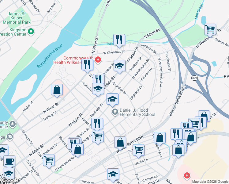 map of restaurants, bars, coffee shops, grocery stores, and more near 437 Madison Street in Wilkes-Barre