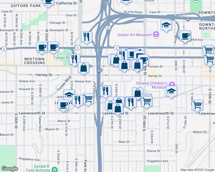 map of restaurants, bars, coffee shops, grocery stores, and more near 502 South 27th Street in Omaha