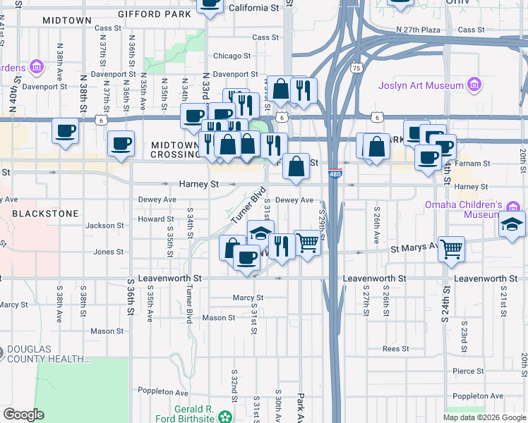 map of restaurants, bars, coffee shops, grocery stores, and more near 3105 Dewey Avenue in Omaha
