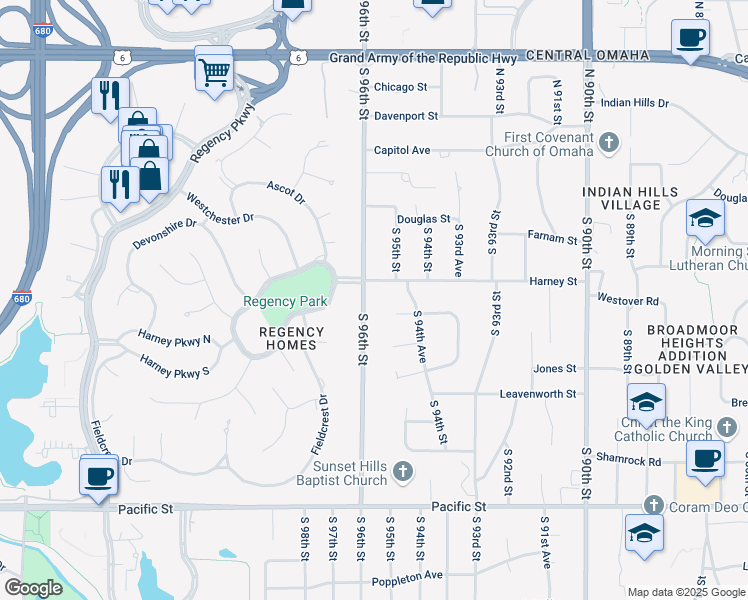 map of restaurants, bars, coffee shops, grocery stores, and more near 9505 Harney Street in Omaha