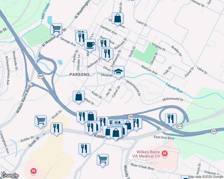 map of restaurants, bars, coffee shops, grocery stores, and more near 61 Jay St in Wilkes-Barre