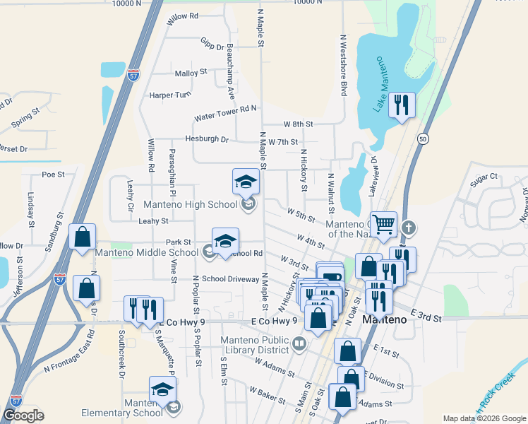 map of restaurants, bars, coffee shops, grocery stores, and more near 443 N Maple St in Manteno